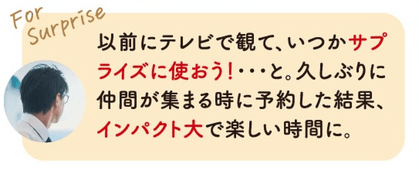 「以前にテレビで見て、いつかサプライズに使おう！…と。久しぶりに仲間が集まる時に予約した結果、インパクト大で楽しい時間に。」